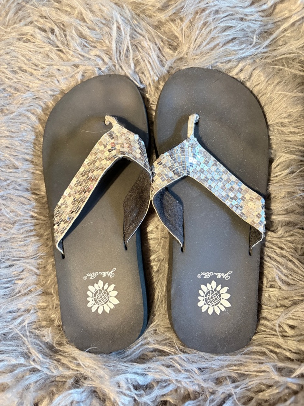 Yellow Box Black Flip Flop Sandals with Metallic Mosaic Straps